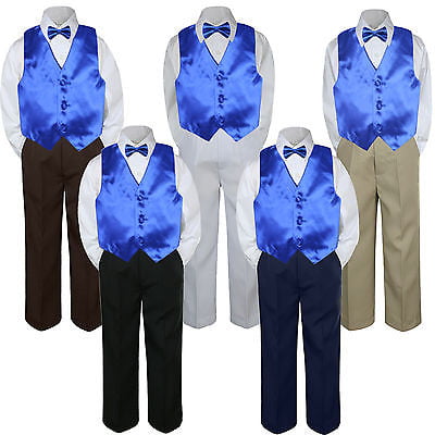 5pc Baby Toddler Kid Boys Brown Pants Hat Bow Tie Silver Vest Suits Set 4T 